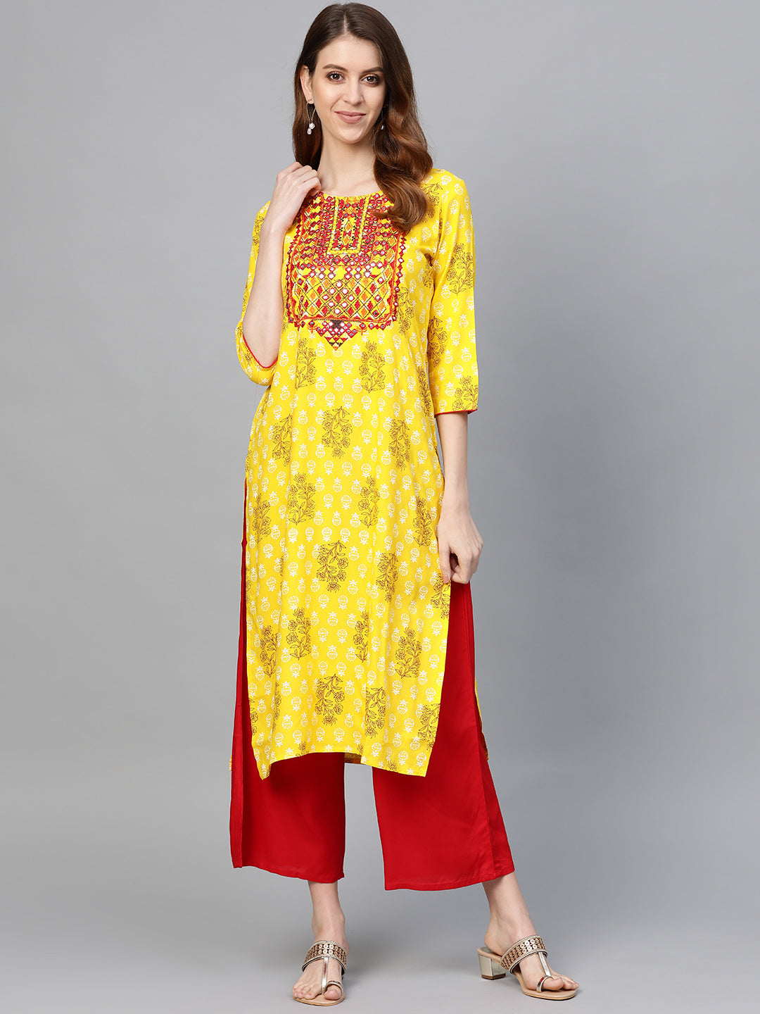 Women's Yellow Red Printed Kurta With Palazzos - Anubhutee