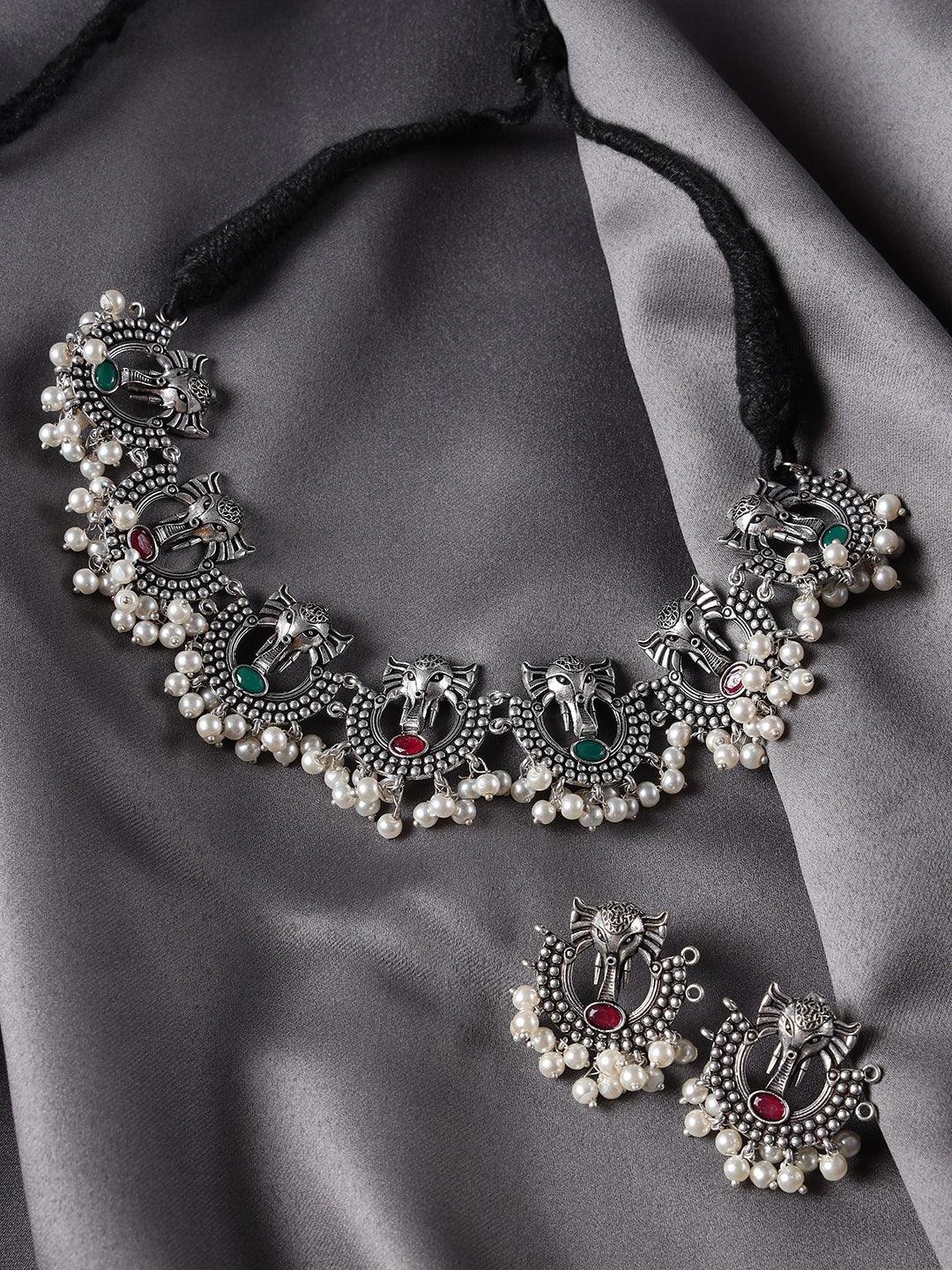 Women's Oxidised Silver-Plated & Green Stone-Studded & Beaded Traditional Jewellery Set - Jazz and Sizzle - Indiakreations