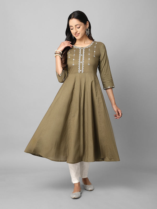 Women's Solid Olive Embroidered Anarkali Kurta - Azira