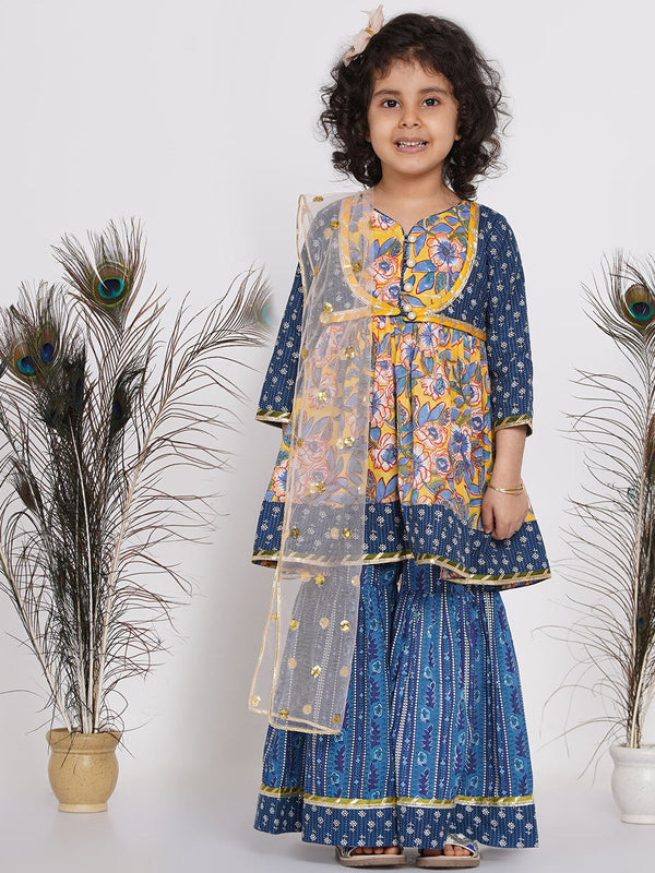 Girl's Floral Kurta with Indigo Floral Jacket with Sharara and Dupatta in Yellow and Blue - Little Bansi Girls