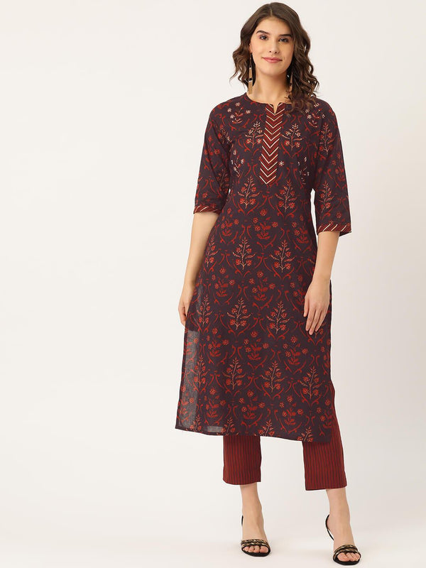 Women's Cotton Printed Suit Set with Adda Mirror Work - Maaesa