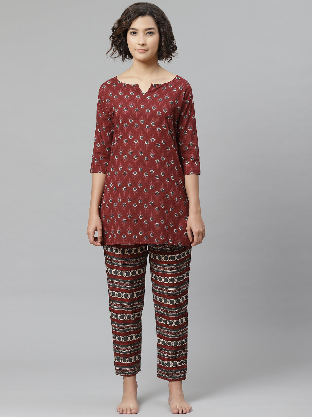 Women's Maroon White Printed Pure Cotton Night Suit - Anubhutee