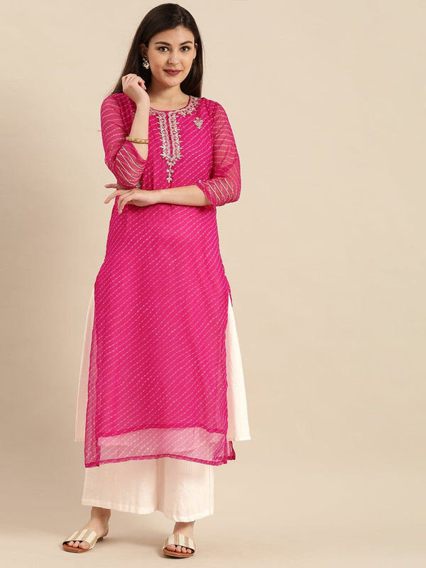 Women's Pink Leheriya Printed Gota Patti Yoke Embroidery Layered Kurta - Varanga