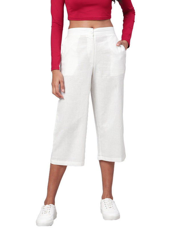 Women White Solid Cotton Trouser by Myshka (1Pc Set) - Indiakreations