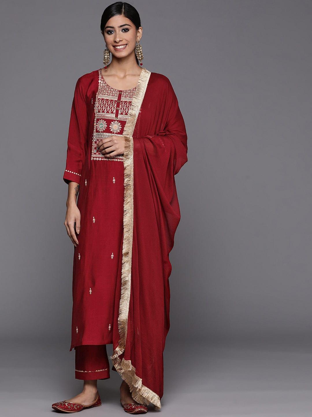 Varanga maroon embroidered kurta paired with tonal bottom and plain chiffon dupatta - Indiakreations