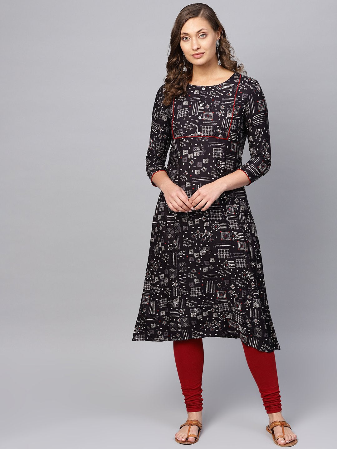 Women's Black & Grey Printed A-Line Kurta - Anubhutee