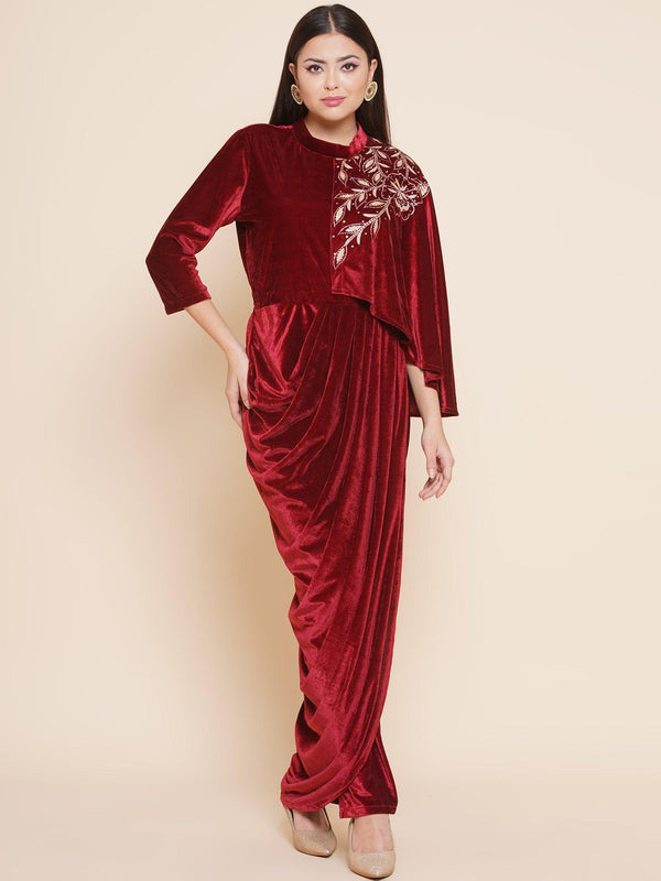 Women's Maroon Velvet Drape Styel Gown - Women Republic - Indiakreations