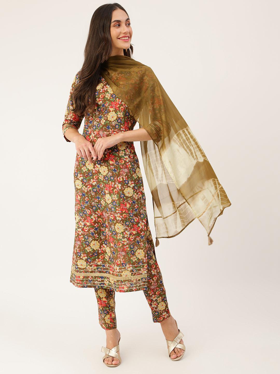 Women's MULTICOLOUR A-line kurta set with pant. print duptta has a key hole neck line and beautiful gota lace detail - The Fab Factory - Indiakreations