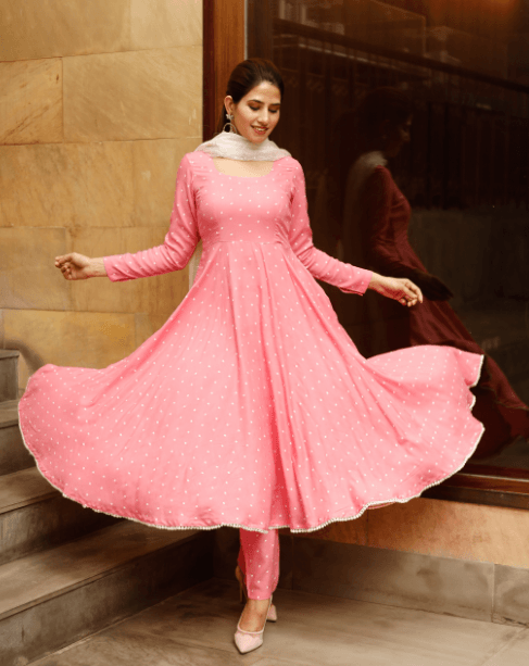 Women's Pink polka print kurta dupatta set - Indiakreations