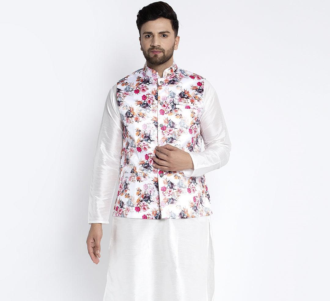 Men's White & Multi Printed Nehru Jacket - Benstoke - Indiakreations