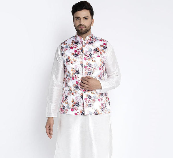 Men's White & Multi Printed Nehru Jacket - Benstoke - Indiakreations