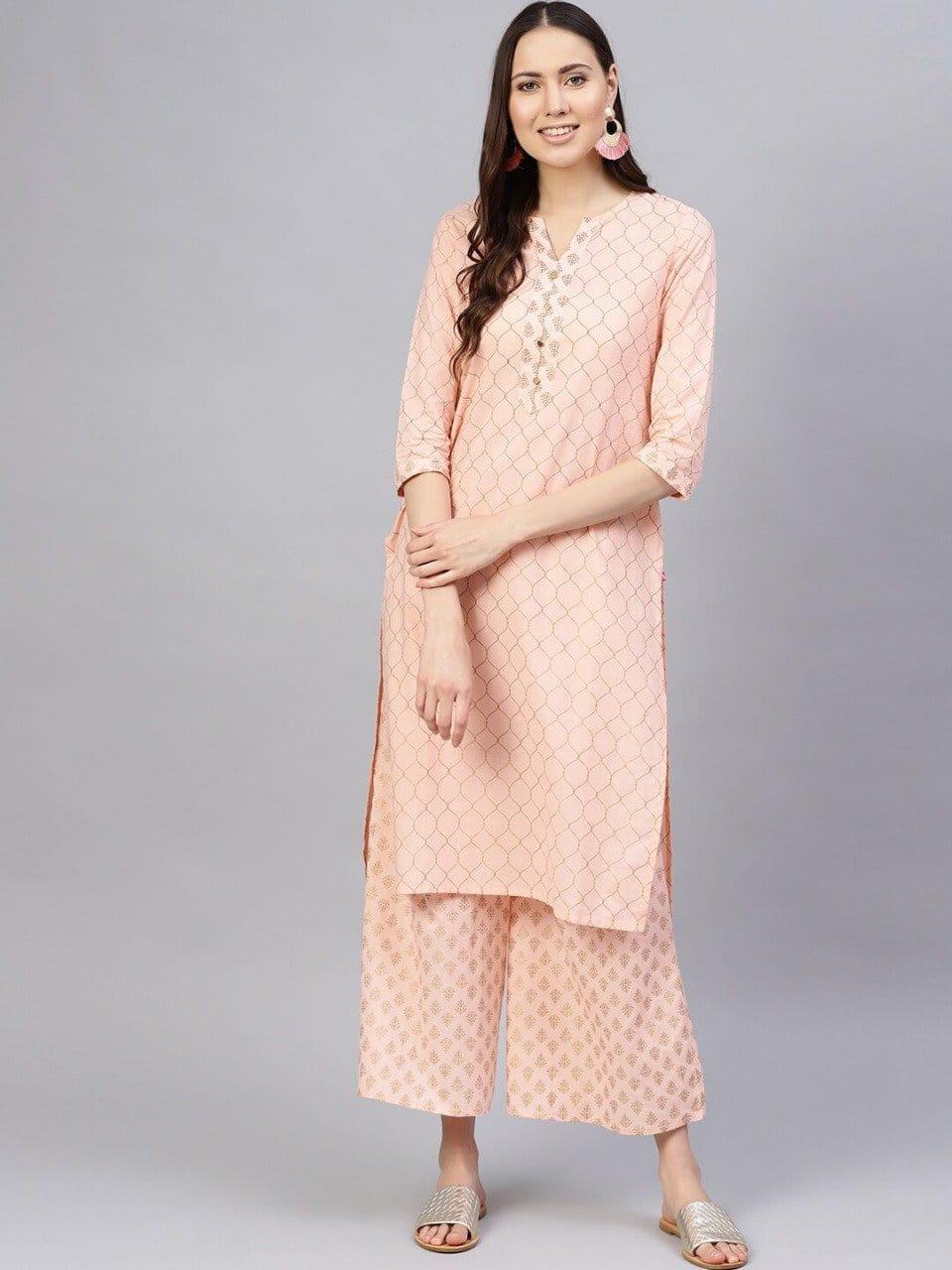 KSUT Women Peach-Coloured Printed Kurta with Palazzos - Indiakreations