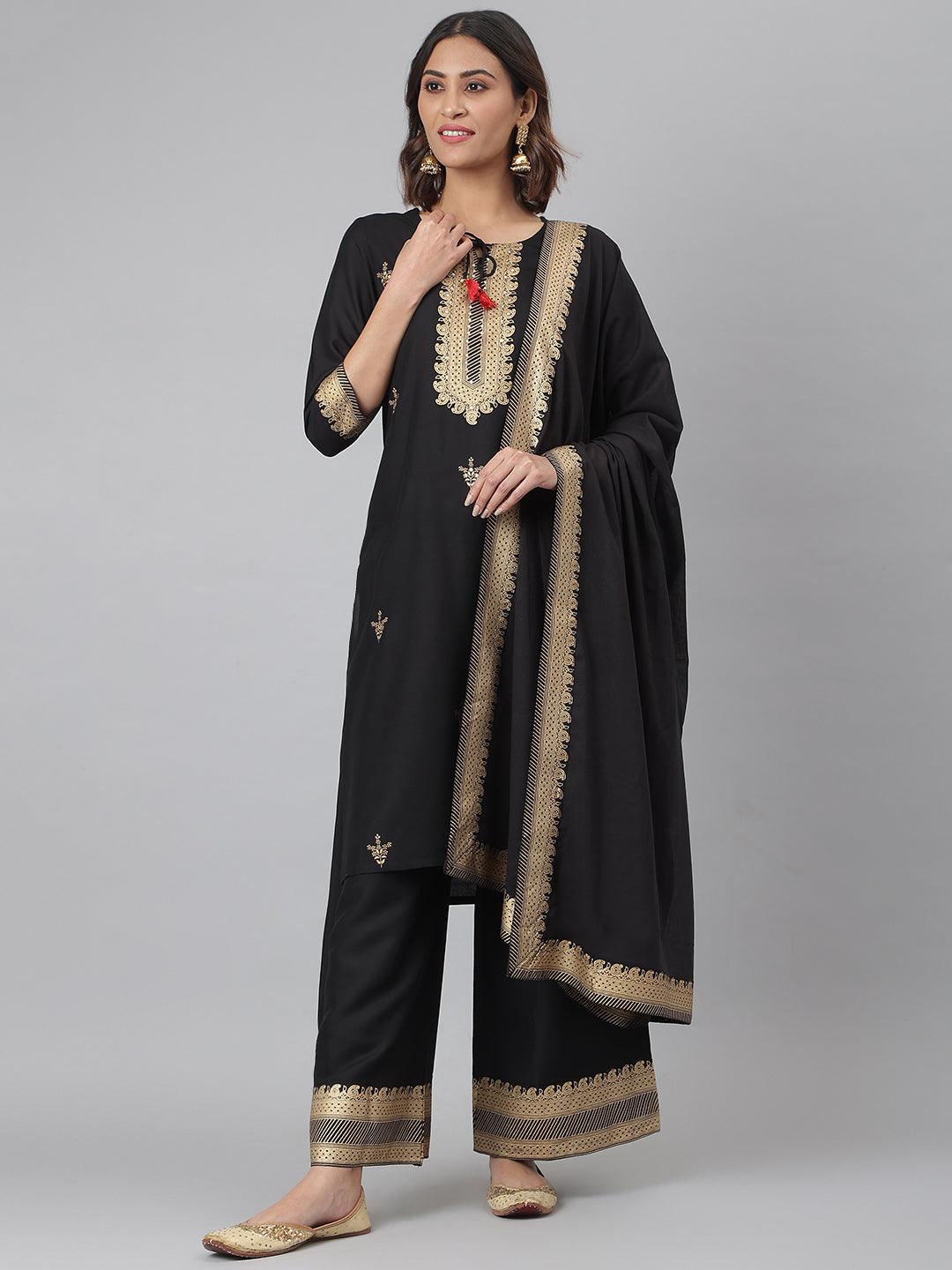 Women's Cotton Black Printed Kurta Pant Dupatta - Noz2Toz - Indiakreations