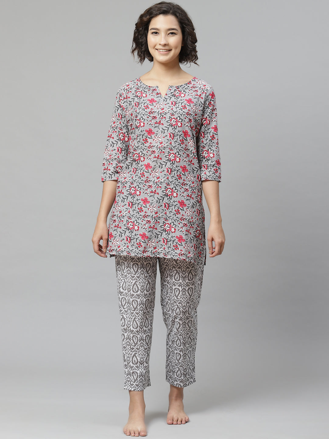 Women's Grey Pink Floral Printed Pure Cotton Night Suit - Anubhutee