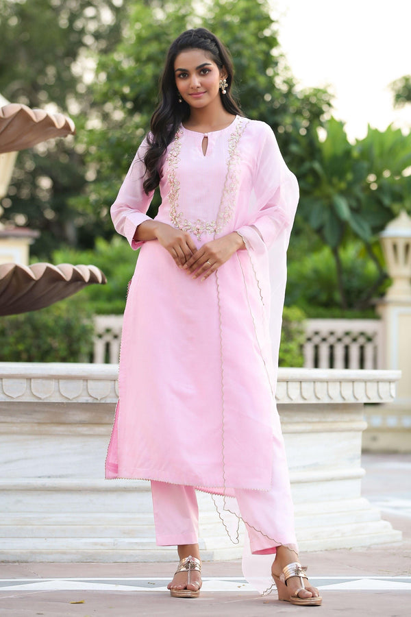 Women's Lilac Pink Pure Chanderi Suit Set-Mishka - Indiakreations