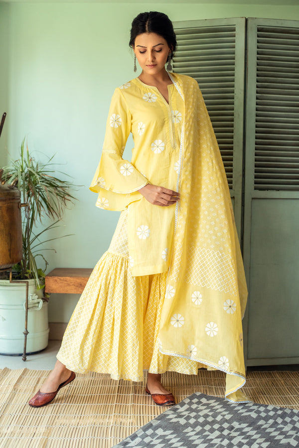 Gul Lemon Badla Embroidered Sharara Set - Set of 3