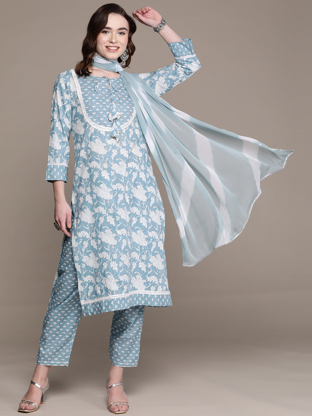 Women's Blue Ethnic Motifs Printed Tassel Detail Kurta With Trousers Dupatta - Anubhutee