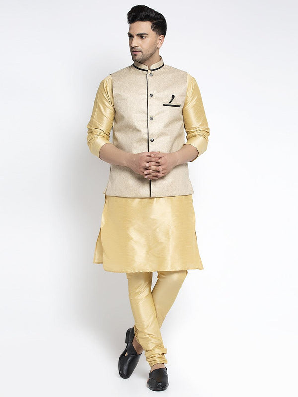 Men's Silk Blend Gold Kurta With Pyjama & Beige Nehru Jacket - Benstoke - Indiakreations