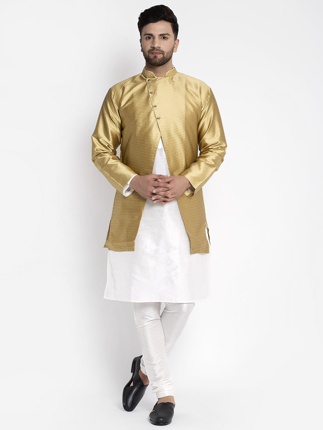 Men's White Kurta With Pyjama & Gold Self Design Jacket - Benstoke