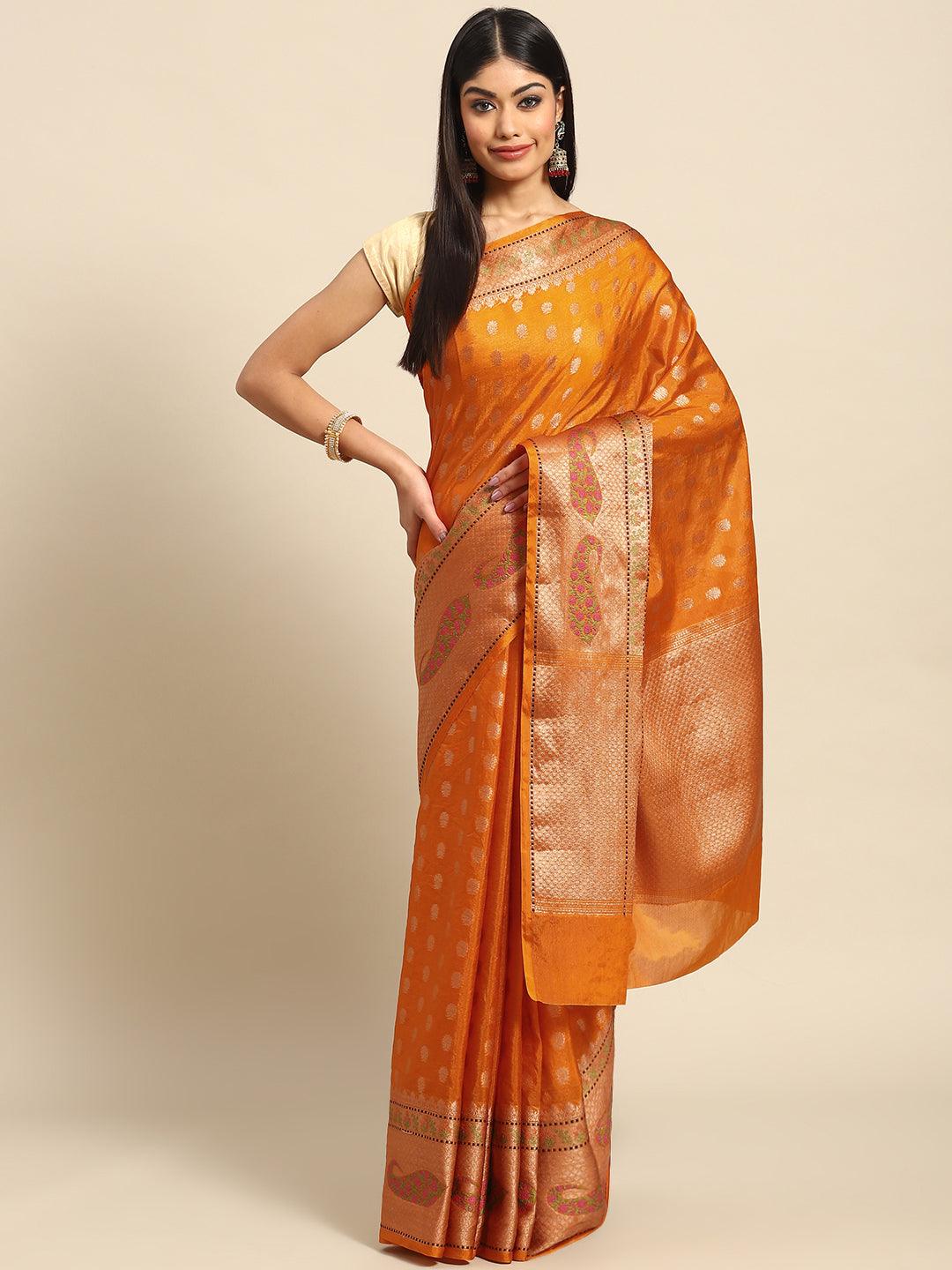 Women's Orange Ethnic Motifs Zari Art Silk Banarasi Saree - Varanasi - Indiakreations