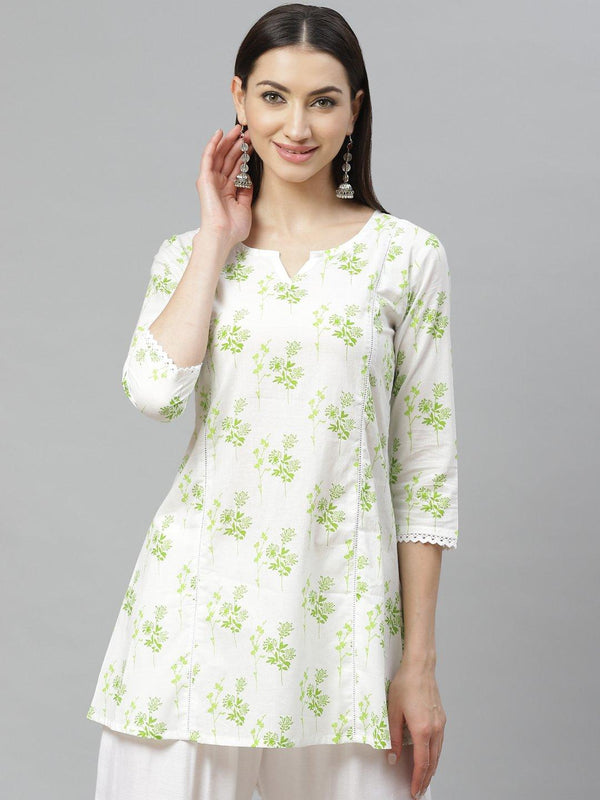 Women's Off White Cotton Printed 3/4 Sleeve Round Neck Casual Tunic - Myshka - Indiakreations