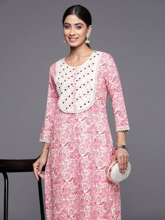 Varanga Floral Printed Mirror Work Kurta - Indiakreations