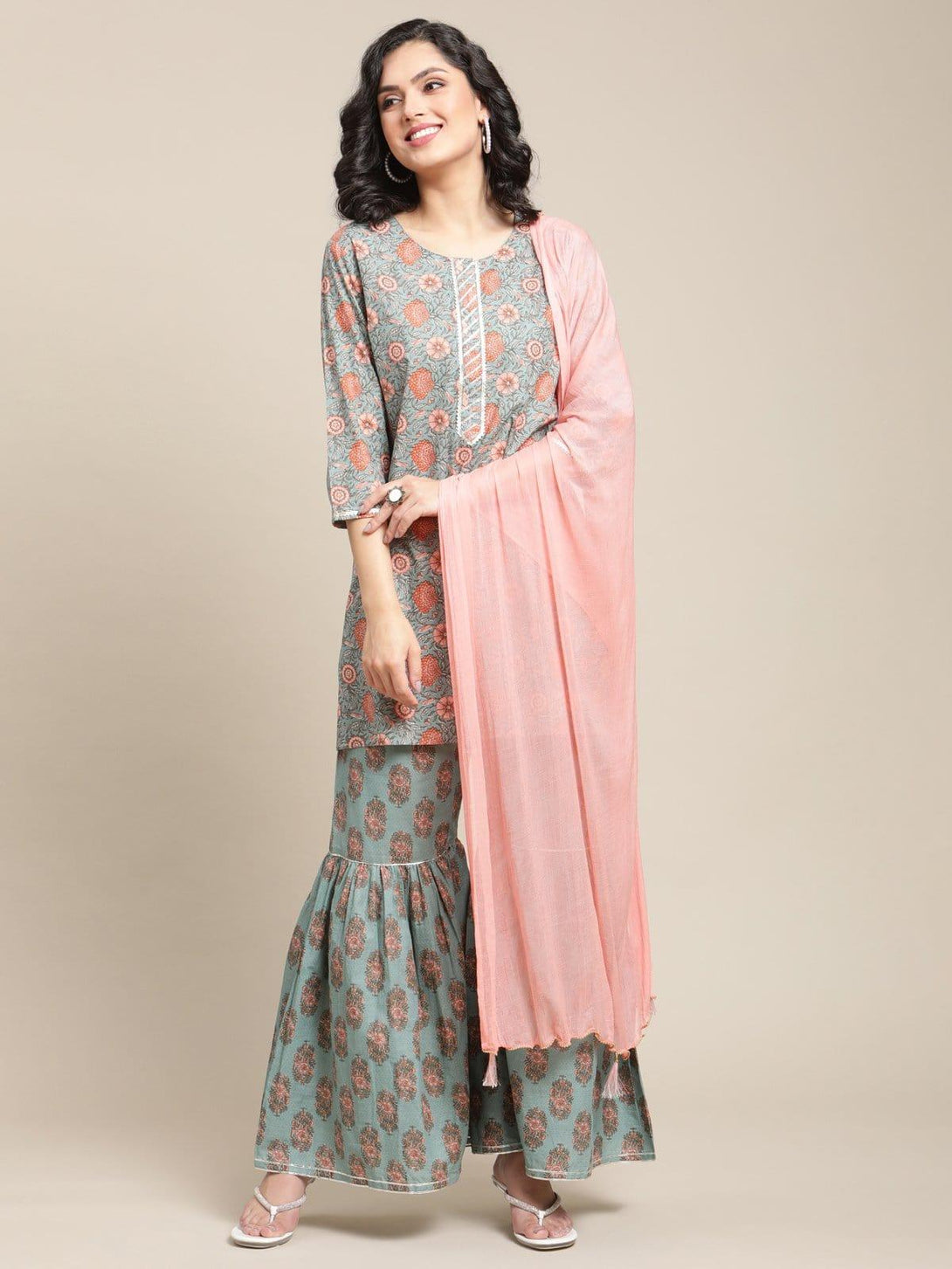 Floral Printed Kurta With Gota Highlighted Placket And Paired With Sharara And Solid Dupatta - Indiakreations