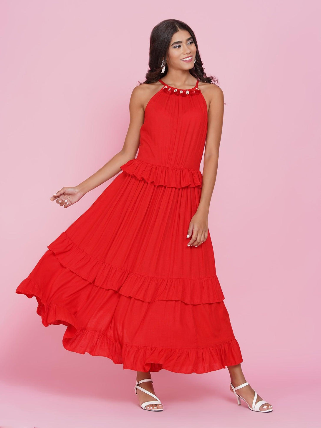 Women's Red Tiered Rayon Dress - Women Republic - Indiakreations