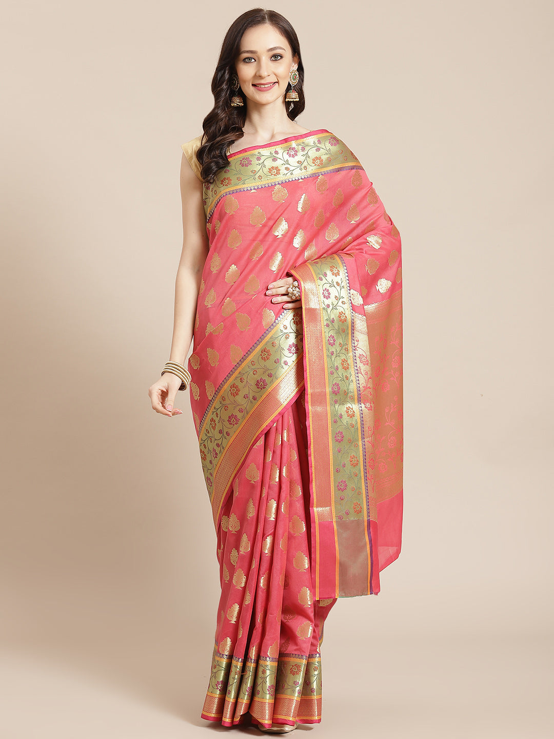 Women's Pink Silk Jaamdani Cutwork Saree - Varanasi - Indiakreations