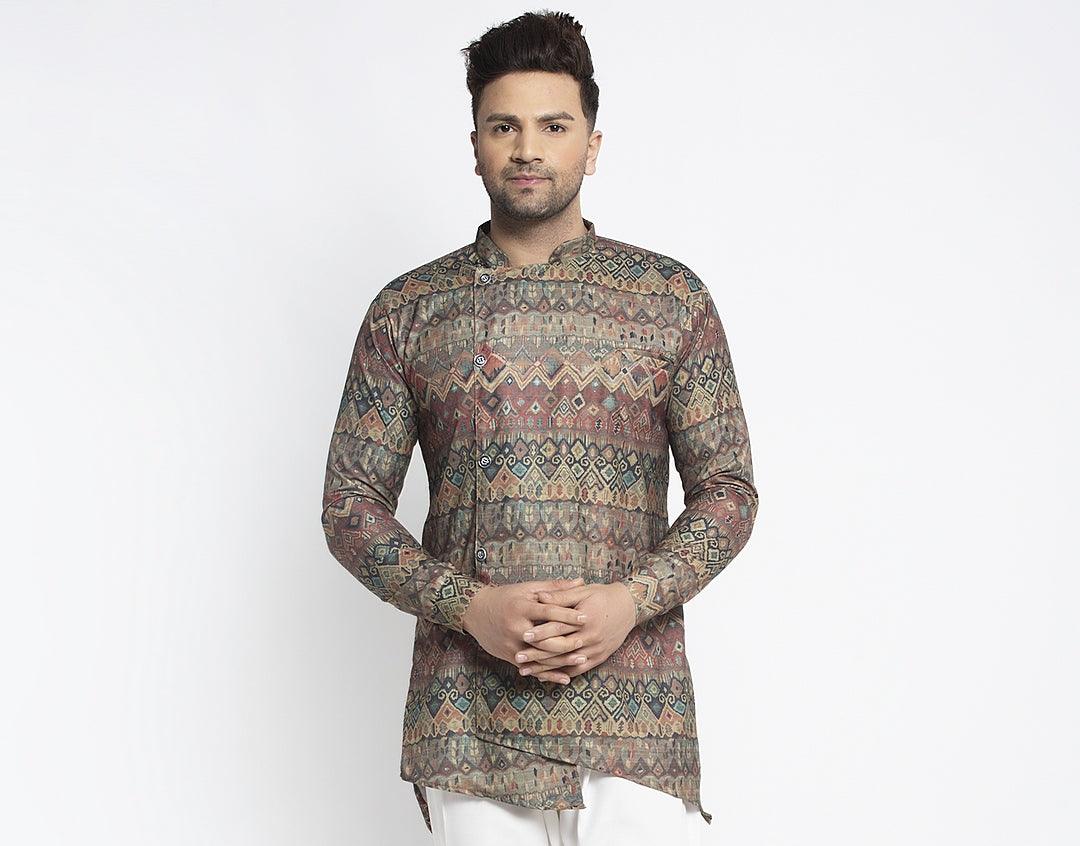 Men's Brown & Multicolor Asymmetric Printed Short Kurta - Benstoke - Indiakreations