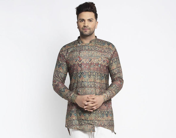 Men's Brown & Multicolor Asymmetric Printed Short Kurta - Benstoke - Indiakreations