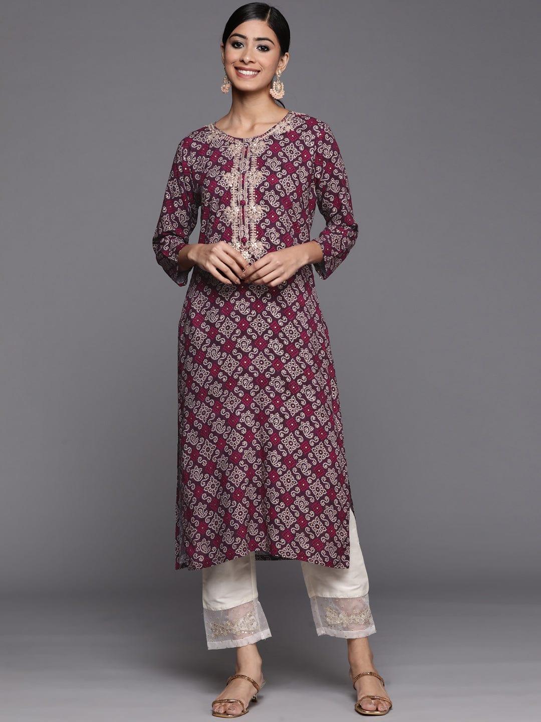 Varanga Women Burgundy & Golden Bandhani Printed Mirror Work Kurta - Indiakreations