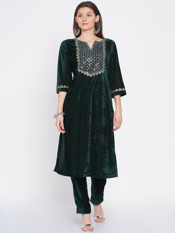 Women's Green Velvet Embroidered Kurta Set with Sequence Work - Women Republic - Indiakreations