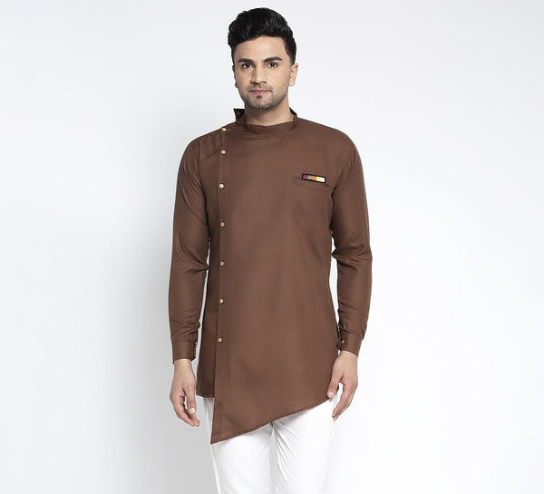 Men's Brown Solid Short Kurta - Benstoke - Indiakreations