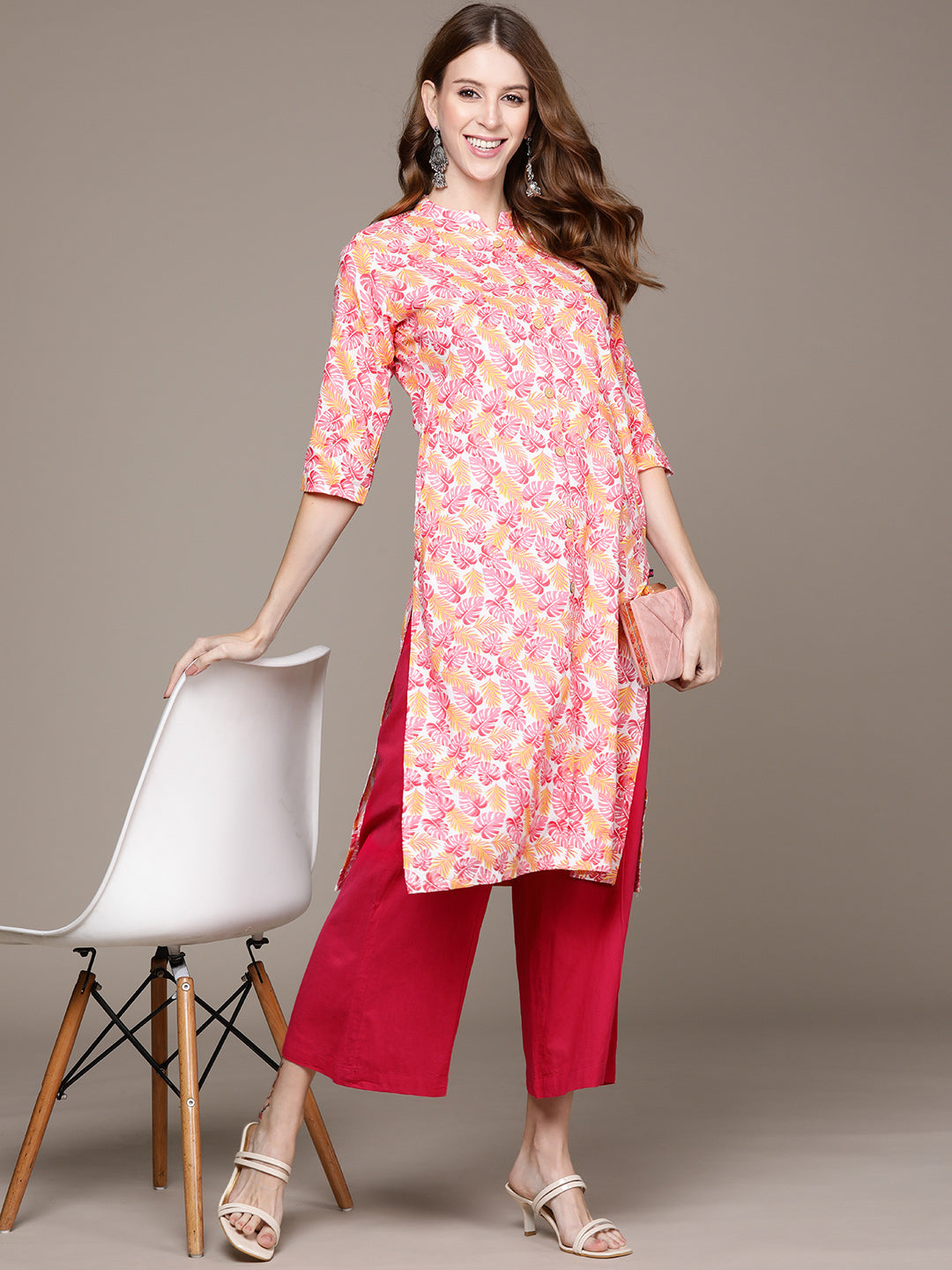 Women's Pink Tropical Printed Kurta - Anubhutee