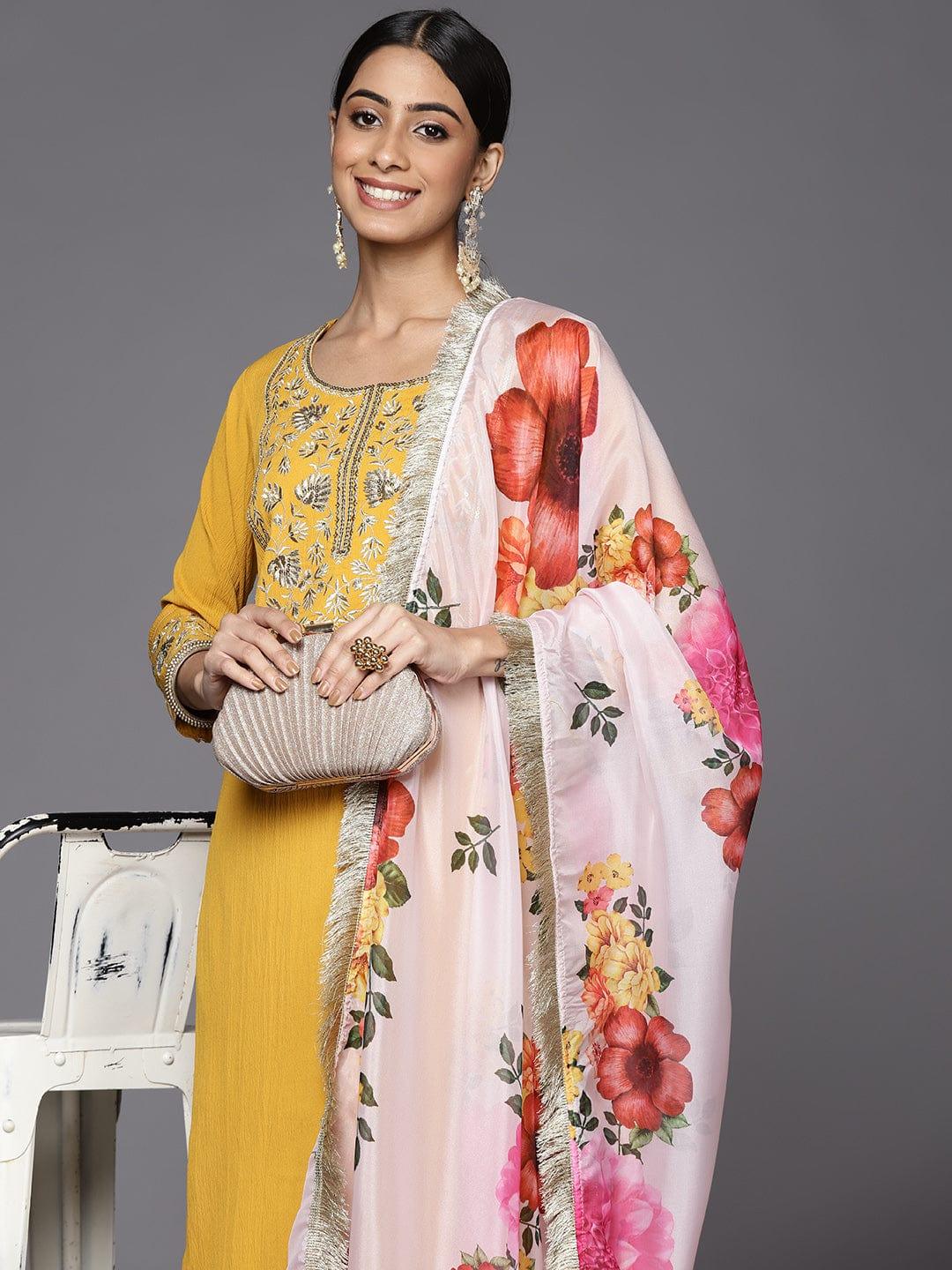 Varanga Women Mustard Yellow Floral Embroidered Zardozi Kurta with Trousers & With Dupatta - Indiakreations