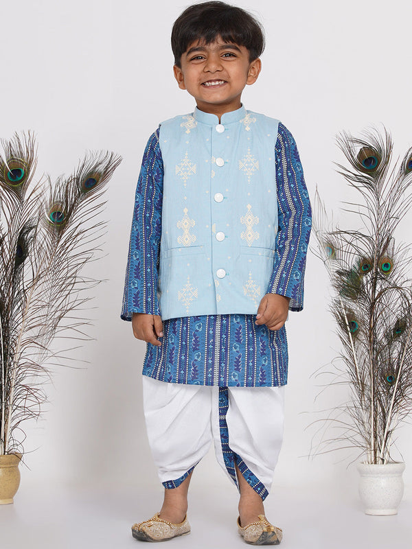 Boy's Floral Indigo Kurta With Nehru Jacket And Marwari Dhoti - Little Bansi Boys