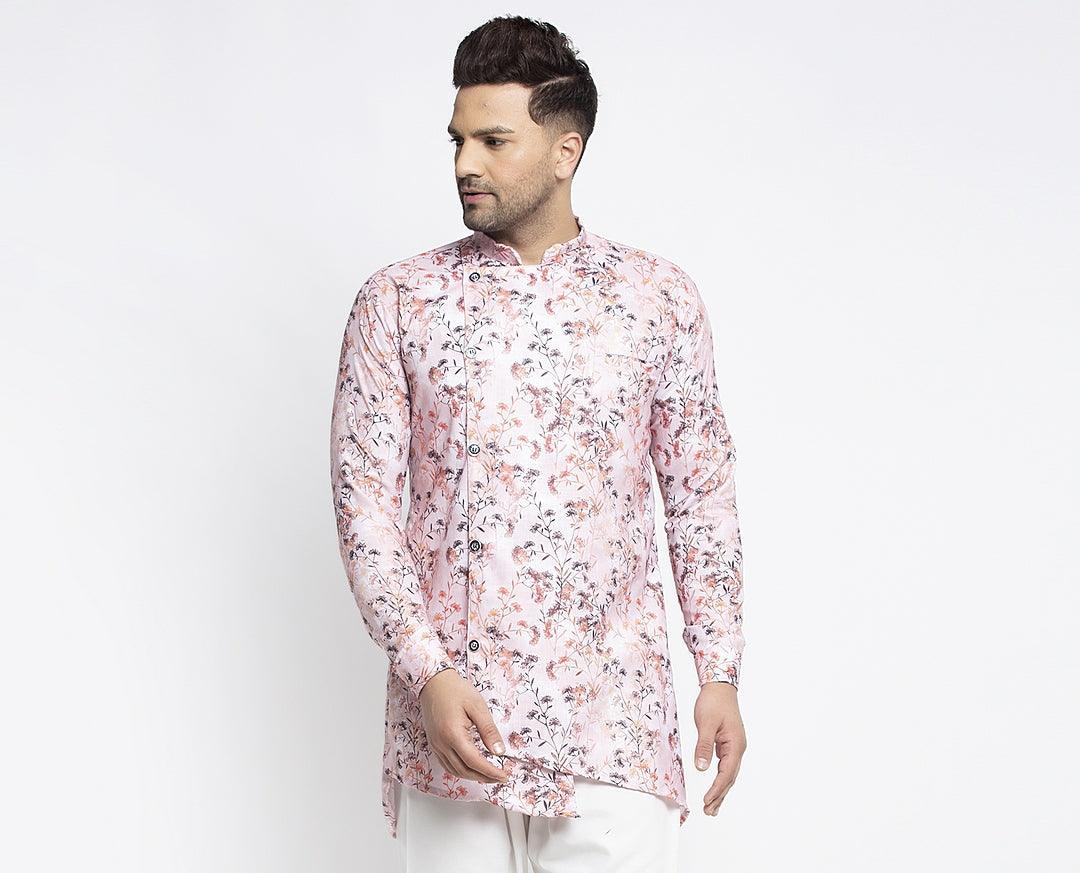 Men's Pink & Multi Asymmetric Printed Short Kurta - Benstoke - Indiakreations