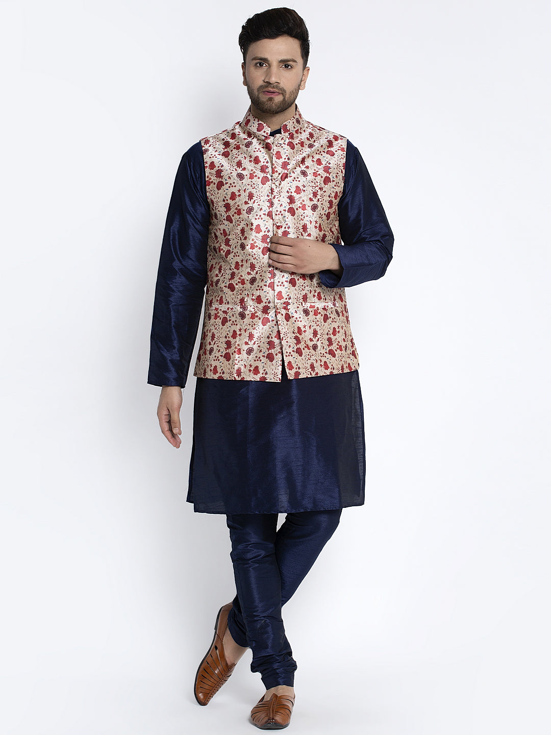 Men's Silk Blend Navy Blue Kurta With Pyjama & Beige Printed Nehru Jacket - Benstoke