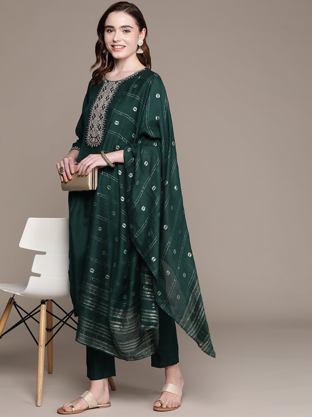 Women's Green Ethnic Motifs Embroidered Thread Work Kurta With Trousers & With Dupatta - Anubhutee