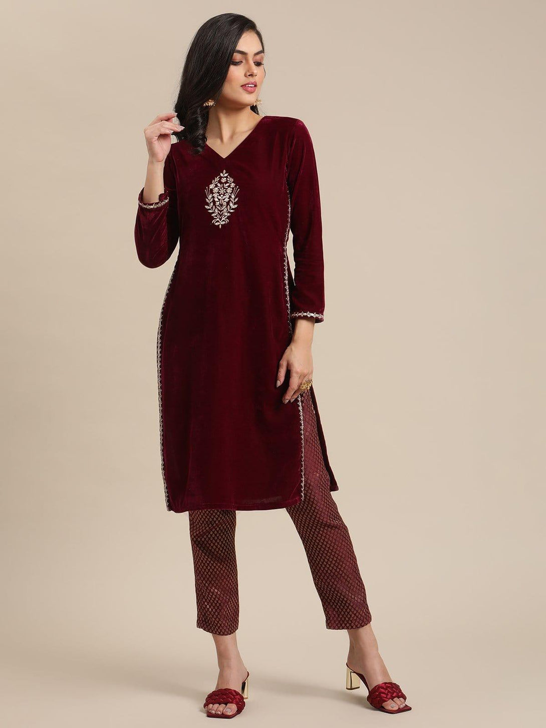 Round Neck Embroidred Velvet Kurta With Long Sleeves And Having Side Slit Paired With Brocade Bottom - Indiakreations