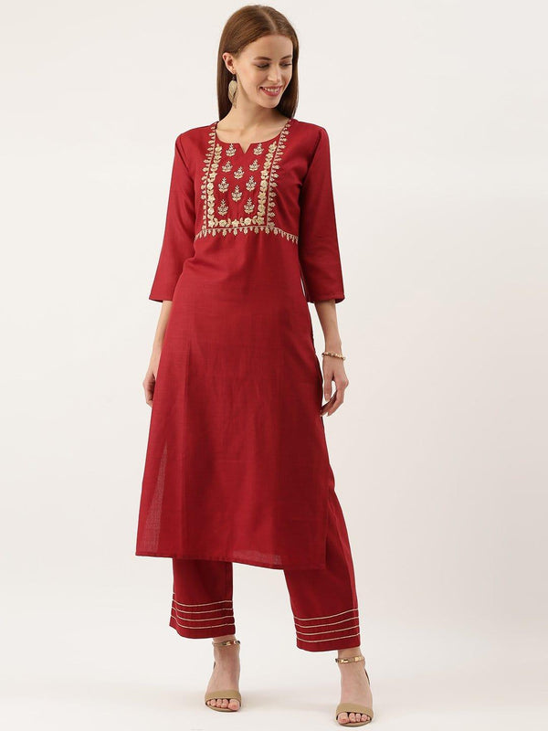 Women Maroon & Off-White Embroidered Yoke Design Kurta With Trousers - Indiakreations