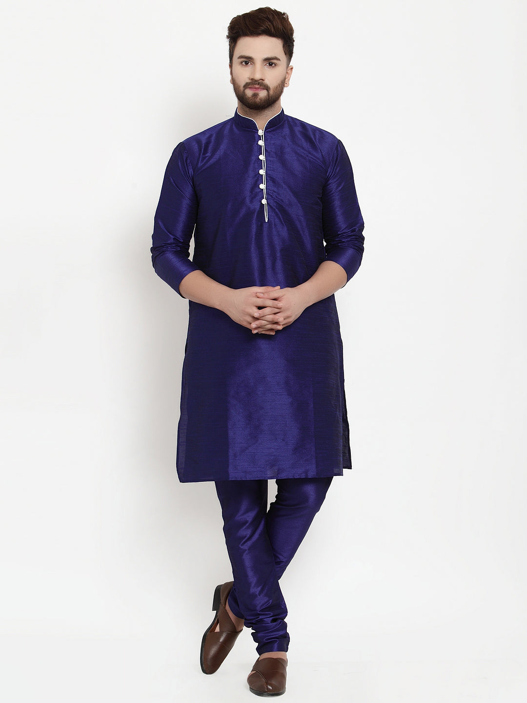 Men's Royal Blue Kurta With Pyjama & Black Self Design Jacket - Benstoke