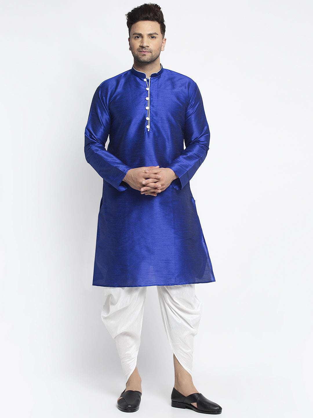 Men's Royal Blue Solid Kurta With White Dhoti Pant - Benstoke