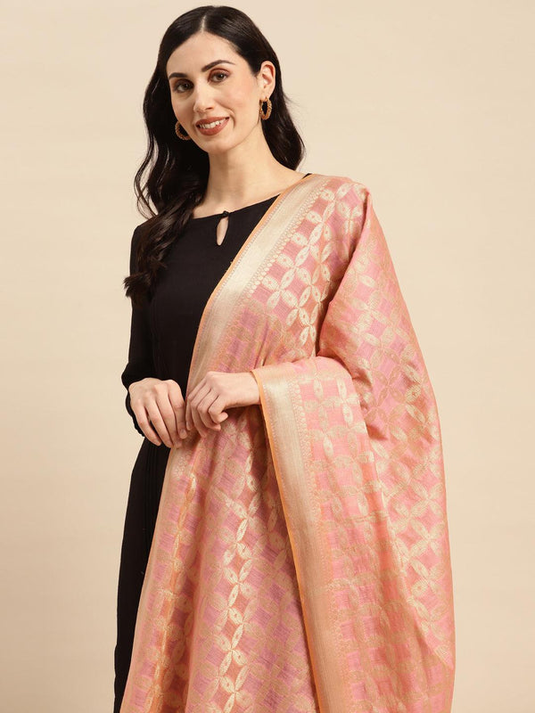 Women's Pink Color Ethnic Motifs Woven Design Dupatta With Zari - Varanasi - Indiakreations