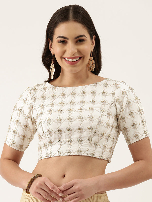 Women's Off White Sequince Work Silk Blouse - Panchhi