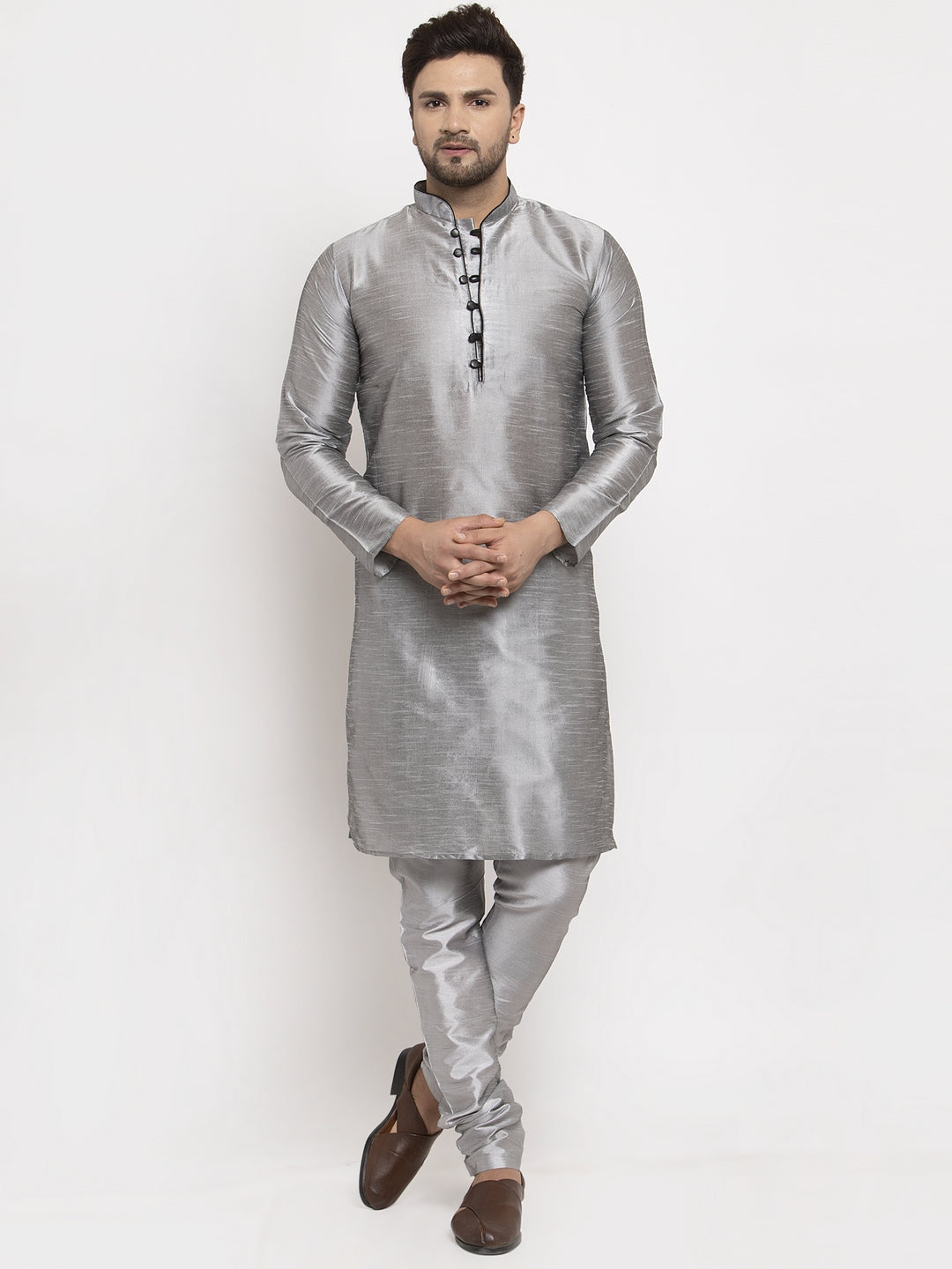 Men's Grey Solid Kurta With Churidaar Pyjama - Benstoke