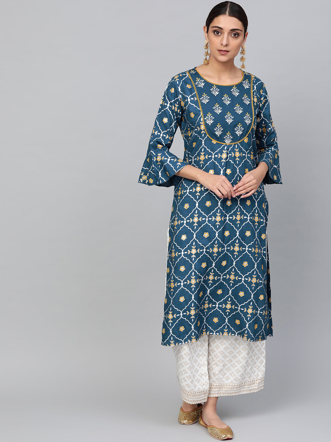 Women's Teal Blue White Printed Kurta With Palazzos - Anubhutee