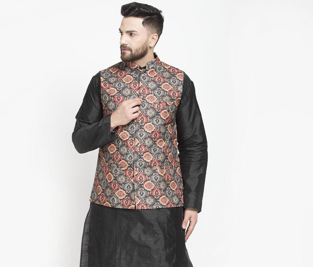 Men's Black & Orange Printed Nehru Jacket - Benstoke - Indiakreations