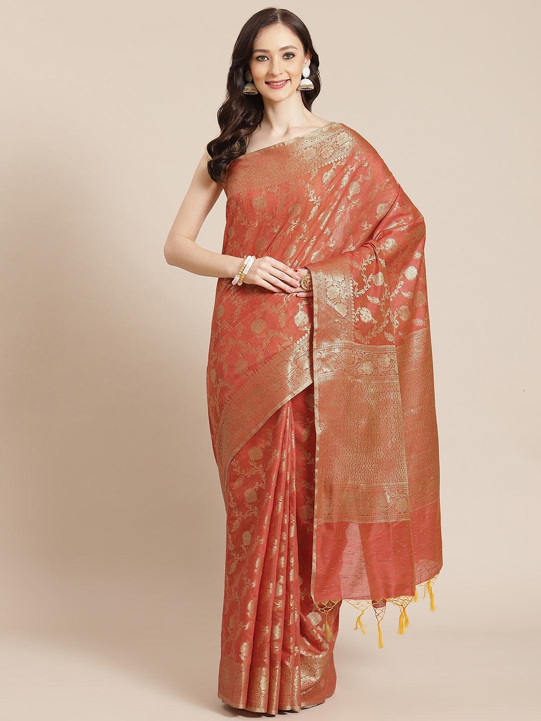 Women's Red Cotton Silk Saree - Varanasi - Indiakreations